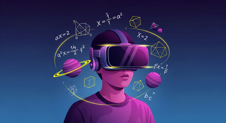 VR Education: Vector illustration of person learning math in virtual reality.