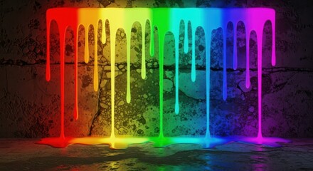 Vibrant liquid colors drip downwards across a textured, dark vertical surface