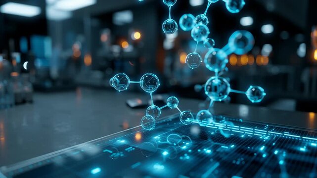 Close-up of AI analyzing biomedical data through transparent holographic interface, glowing molecular patterns, futuristic laboratory lighting, ai biomedical analysis