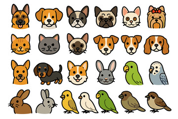 Fototapeta premium Variety of playful and cute animal faces arranged in colorful design on a white background