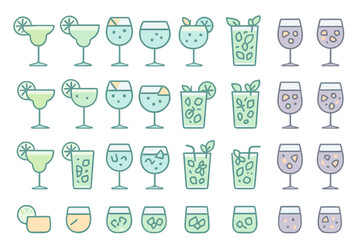 Different types of colorful cocktails arranged in a creative layout for a drink menu or bar presentation