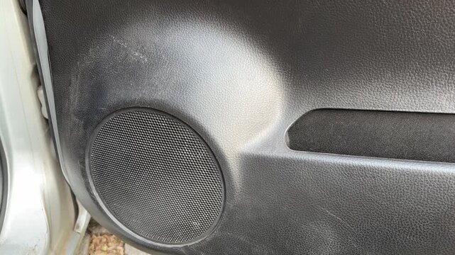 Close-up of car door panel with built-in speaker