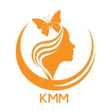 KMM Elegant Woman Beauty Logo with Butterfly. KMM Feminine Hair Salon Branding. KMM  Modern Beauty Icon.
