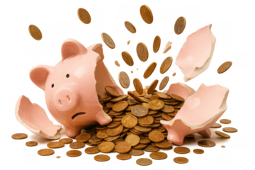 Broken piggy bank spilling golden coins, representing financial loss, debt, bankruptcy, and failed savings