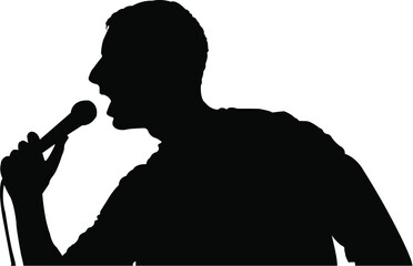 Man singing with microphone silhouette, music performance vector illustration, pop star vocalist isolated on white background, concert entertainment vector illustration
