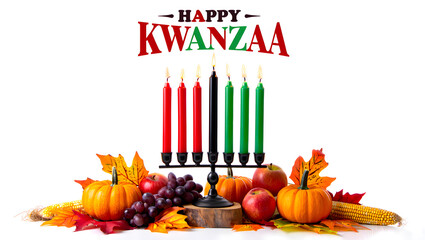 Happy kwanzaa celebration with kinara and harvest symbols