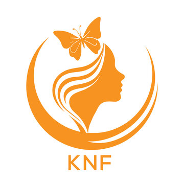 KNF Elegant Woman Beauty Logo with Butterfly. KNF Feminine Hair Salon Branding. KNF  Modern Beauty Icon.
