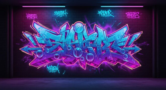 Vibrant neon illuminated wildstyle graffiti artwork glows intensely on a dark brick wall