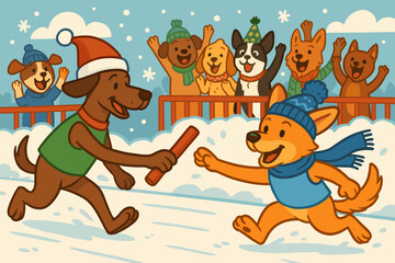 Dogs enjoy a winter playtime with festive hats while a cheering crowd watches from the snowy sidelines