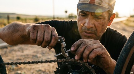 A dedicated cyclist meticulously repairs his bicycle chain, captured in a warm, outdoor setting. The image evokes a sense of hands-on skill and the dedication to the cycling lifestyle.