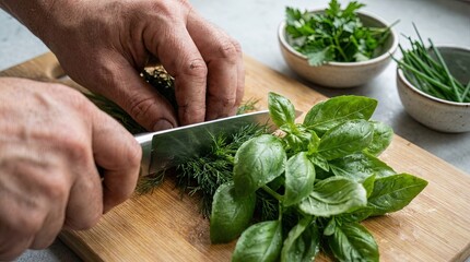 A close-up view capturing the art of culinary prep, with hands expertly chopping fresh herbs on a wooden cutting board, surrounded by vibrant greenery.