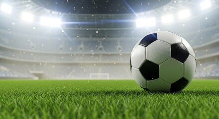 Fototapeta premium Close up of a soccer ball on green grass in a stadium with bright lights and bokeh football sport
