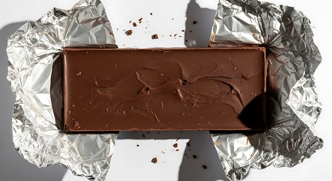 A rectangular bar of dark chocolate, unwrapped from its silver foil, isolated on a white background