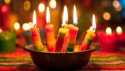 Colorful lit candles in a bowl with bokeh background