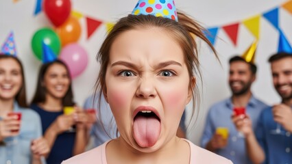 Playful child sticking tongue out at lively birthday party celebration
