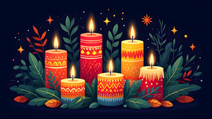 Festive candles with ornate patterns and festive foliage
