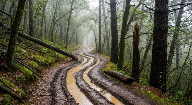 Winding dirt road deeply rutted with water creates tracks through a dense, misty woodland environment