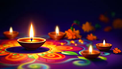 Diwali festival celebration with diyas and colorful rangoli art