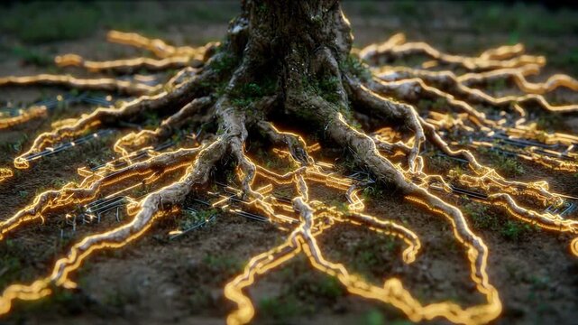 A tree roots intertwined with glowing circuits in a natural outdoor environment close up view
