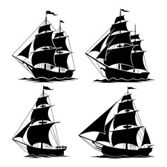 Four vintage sailing ships in silhouette against white background
