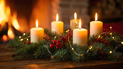 Advent wreath with lit candles and glowing fireplace in the background
