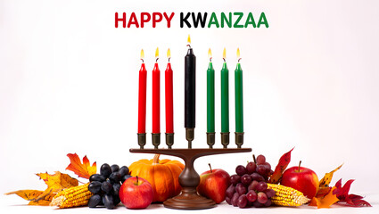 Happy kwanzaa celebration with kinara and festive decorations