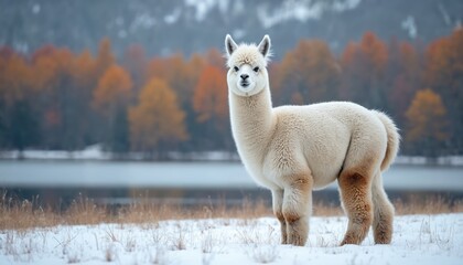 Obraz premium Fluffy alpaca stands in winter landscape near frozen lake. Cute animal looks to camera in snow field near colorful autumn forest. Calm and serene background. Mammal portrait in nature.