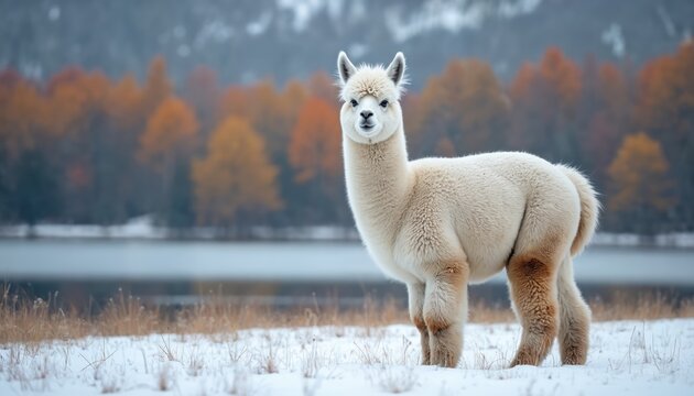 Fluffy alpaca stands in winter landscape near frozen lake. Cute animal looks to camera in snow field near colorful autumn forest. Calm and serene background. Mammal portrait in nature. - Powered by Adobe
