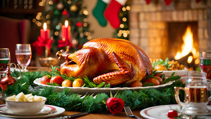 Festive roasted turkey dinner with christmas decorations and fireplace