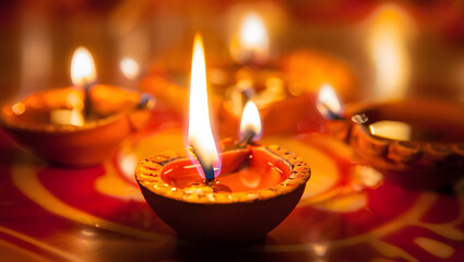 Close up of illuminated diyas with soft bokeh background for diwali festival