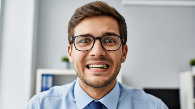Young adult male with glasses showing nervous emotion in office environment - Powered by Adobe