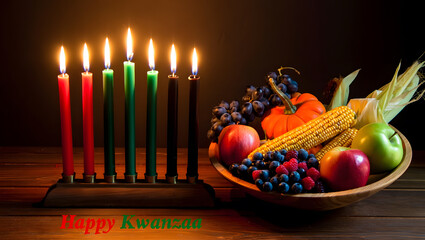 Kwanzaa kinara with seven lit candles and bowl of fresh fruits
