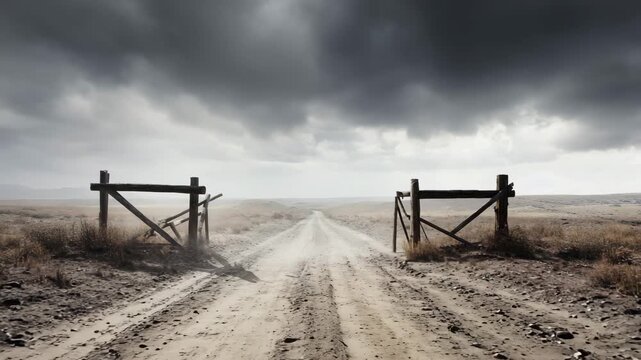 Rustic gate posts frame a long dirt road under a dramatic, stormy sky, leading to the unknown