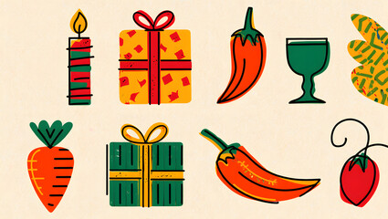 Hand drawn christmas and holiday elements including gifts candle chili peppers and carrot