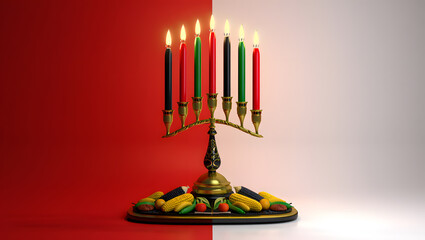 Kwanzaa kinara with lit candles and gifts on a split red and white background