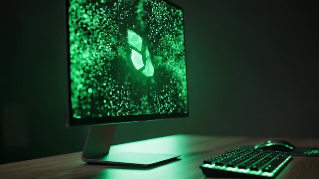 Green glow desk computer video showcasing cyber technology.