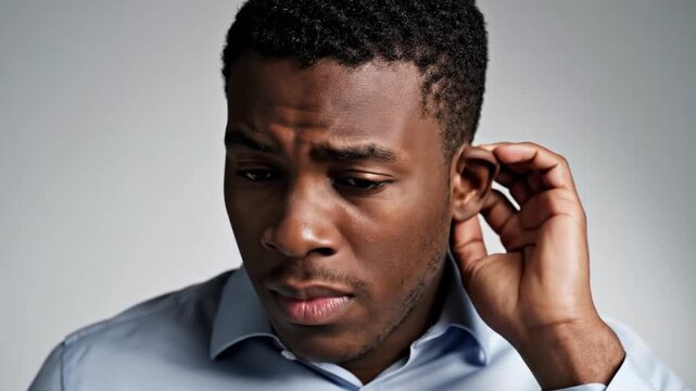 Serious Black Man Reacts to Pain Visualizing Expressions of Ache and Worry