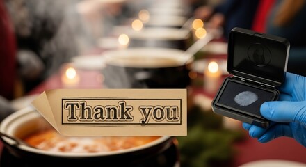 Thank You Message with Food and Hand Holding Stamp.