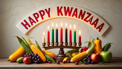 Kwanzaa celebration with lit kinara and fresh fruits and vegetables