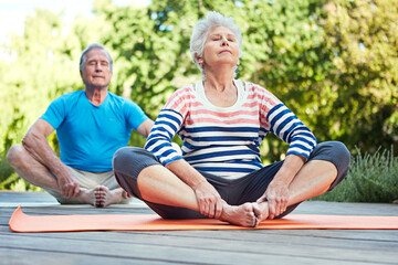 Senior couple, yoga and meditation with breathing in nature for fitness or physical therapy. Elderly, man and woman with calm balance or zen in garden for exercise, spiritual wellness or inner peace