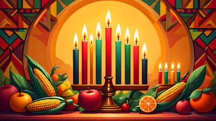 Menorah with lit candles and harvest fruits and vegetables