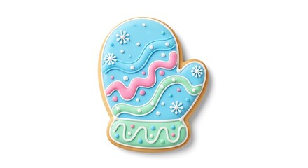 Fototapeta premium Decorated Mitten Shaped Christmas Cookie Isolated on White Background.
