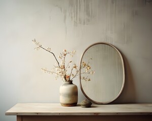 Wabi-Sabi Tabletop Still Life with Oval Mirror and Blossom Branches
