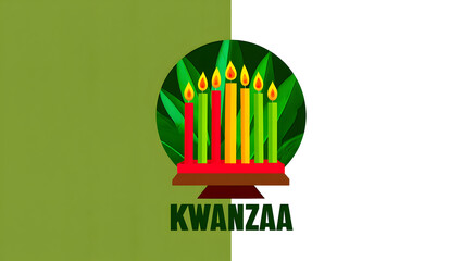 Kwanzaa kinara with seven lit candles and green background