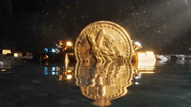 Nighttime Coin Reflections on Wet City Surface.