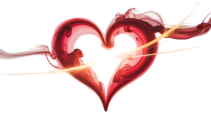 Abstract red heart shape formed by liquid splashes and swirls with light streaks isolated on transparent background