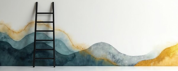Ladder growth potential. Steps of career, success, improvement concept. Ascending ladder with watercolor wall. Abstract artwork pro growth strategy, opportunity, self development. Promotion inside