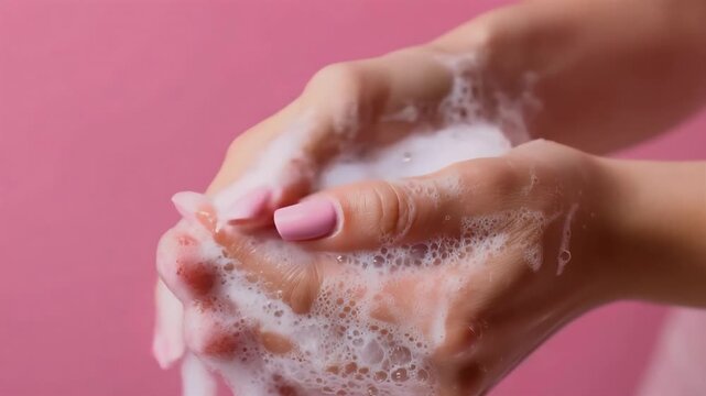 Close Up Of Woman Hands Washing With Soap Bubbles Against Pink Background With Pink Nails
