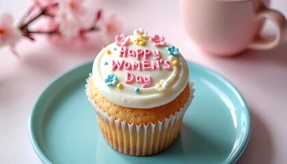 Sweet vanilla cupcake with Happy Womens Day icing sits on small blue plate. Pink cherry blossoms, blurred mug rest in background. Delicious dessert perfect for female celebration, appreciation. Great