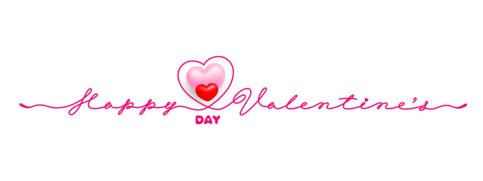 Happy Valentines Day card template with calligraphy lettering by continuous line art drawing and 3d realistic hearts. Love concept. Happy Valentines Day greeting text design. Isolated vector - Powered by Adobe